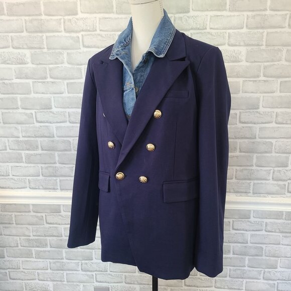 Dolan Double Breasted Navy Ponte Miller Blazer Removable Denim Dickey L NWOT - Picture 13 of 14